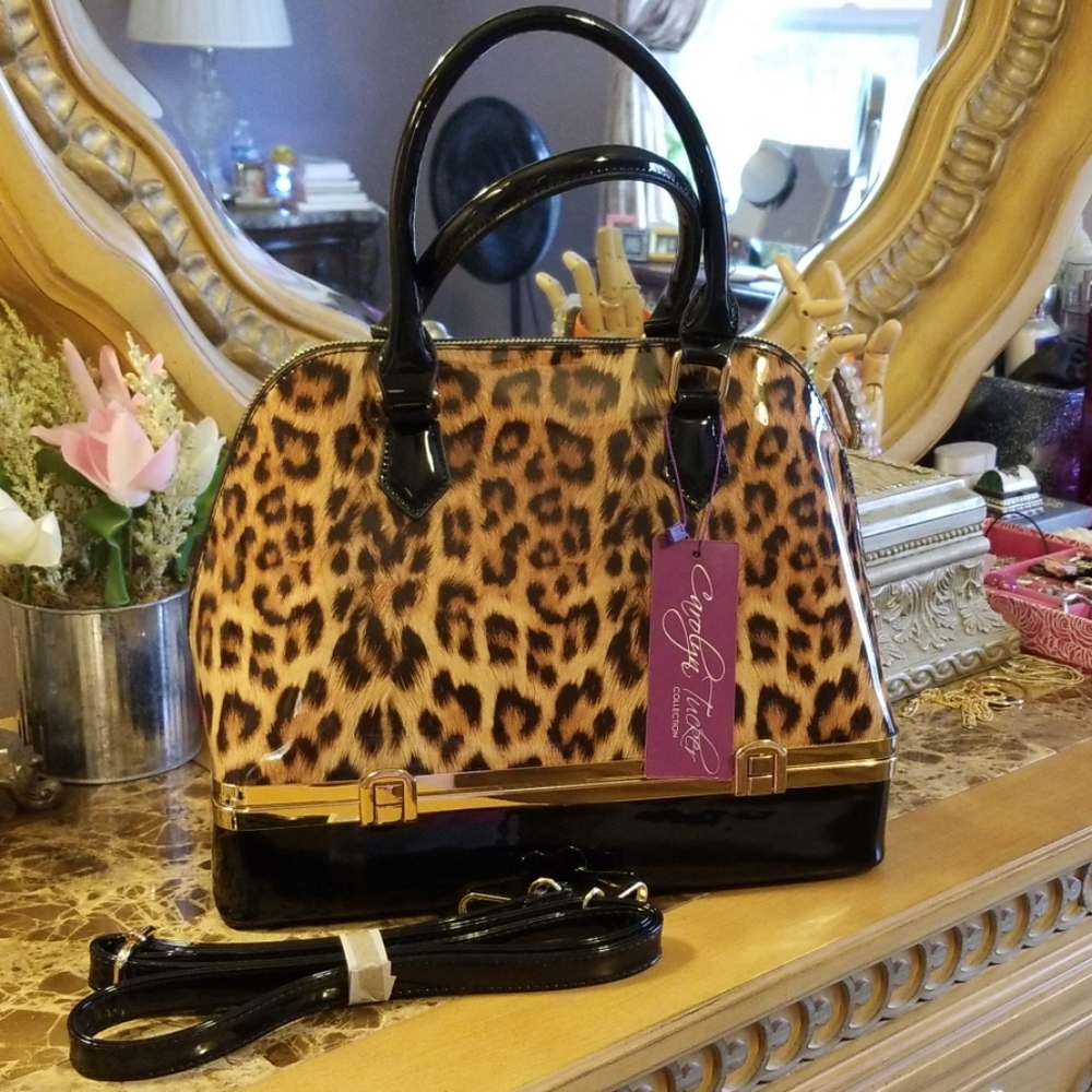 Animal print handbag with unique bottom for storag